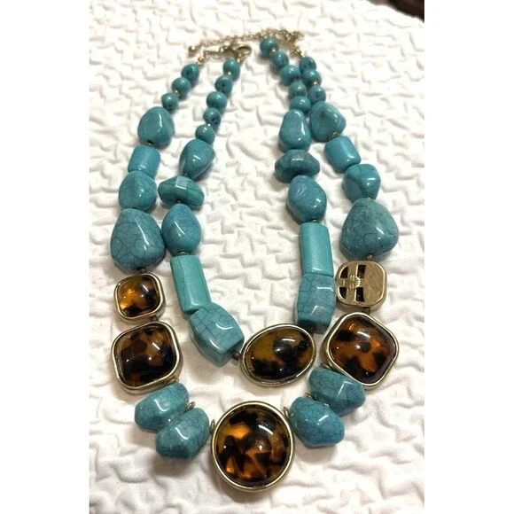 chicos necklace Southwestern Boho chic Turquoise faux Tiger’s Eye Chunky Beads - Picture 16 of 16
